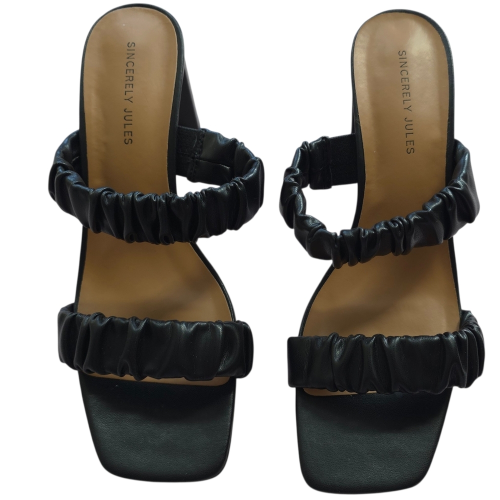 Sincerely Jules Katie Black Ruched Block Heel Sandals - Size 9.5